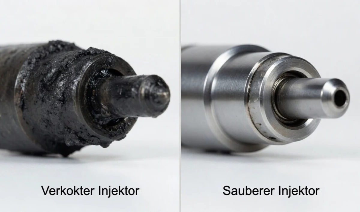 Injektor vorher nachher Reinigung - verkokter vs. sauberer Injektor und Spritzbild